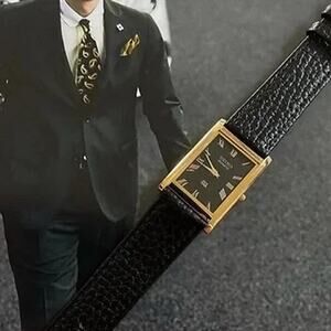 Vintage Style Seiko Quartz Mens Gold Watch & Black accents W/ Leather Strap